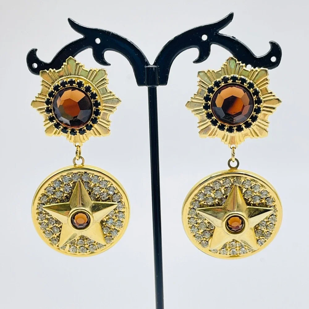 Vintage Pierced Earrings Rhinestone Star Medallion Drop  Cognac Gold Tone